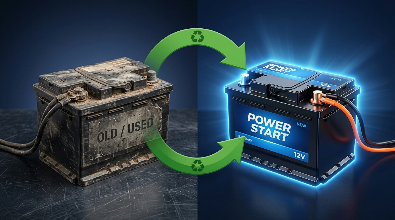 Old battery being exchanged for a new battery with recycling arrows