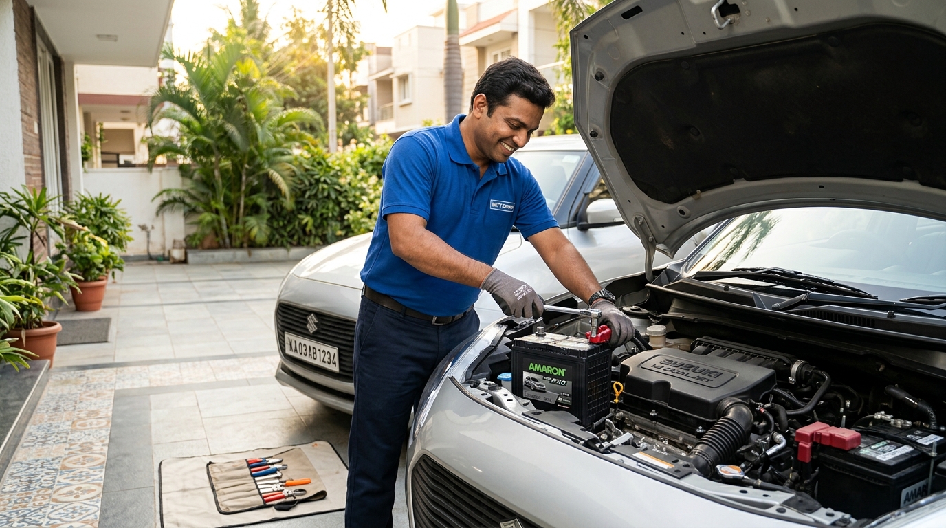 Expert technician installing a battery