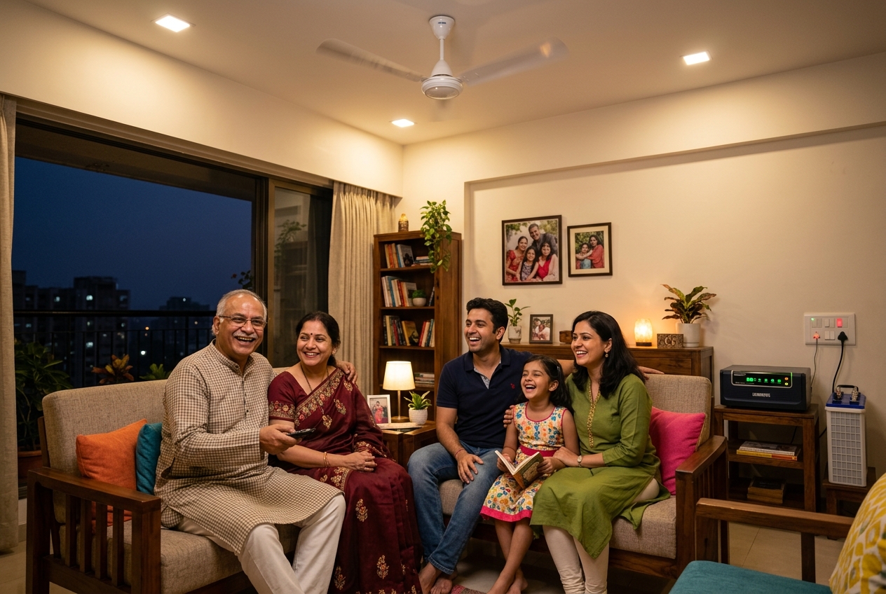 Happy family at home with inverter battery backup