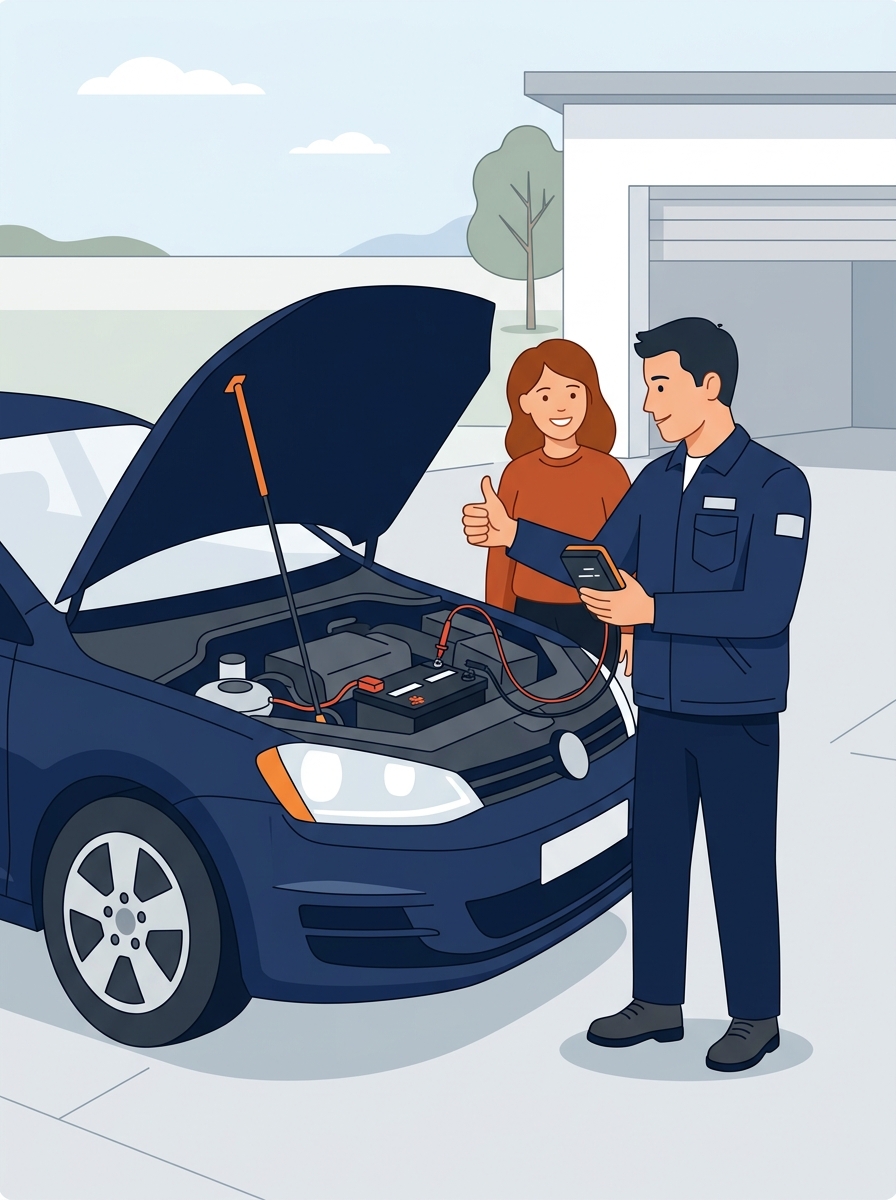 Technician testing battery and customer paying